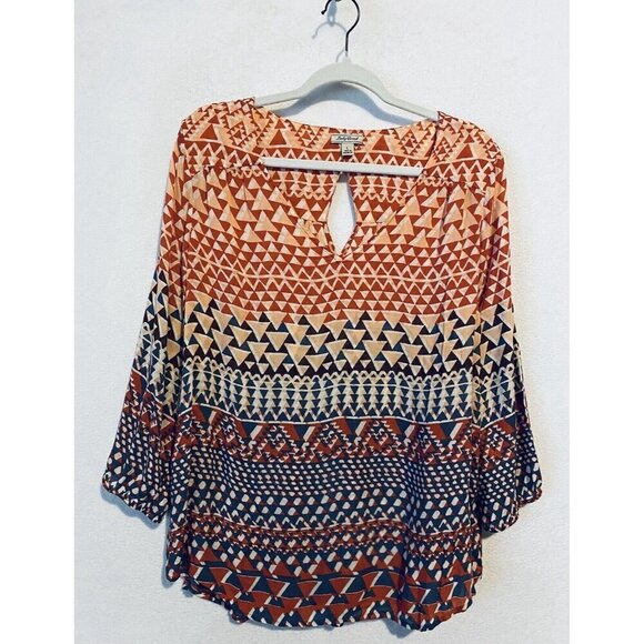 Lucky Brand Top Womens Large Geometric Print V Neck Keyhole Back Lightweight - Picture 1 of 6